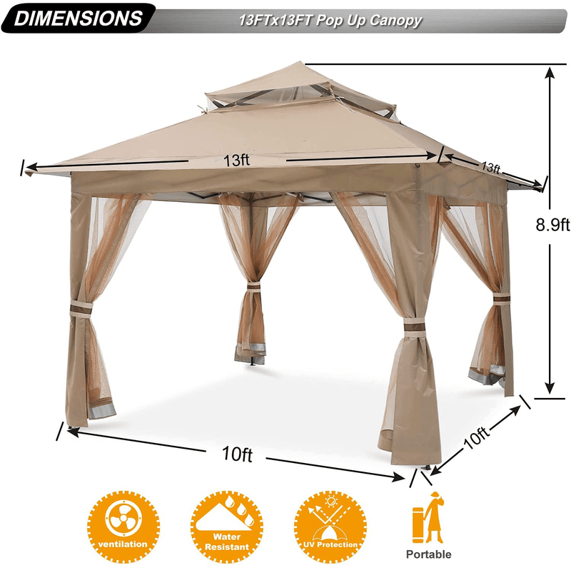 ABCCANOPY 13'x13' Gazebo Tent Outdoor Pop up Gazebo Canopy Shelter with Mosquito Netting (Khaki)