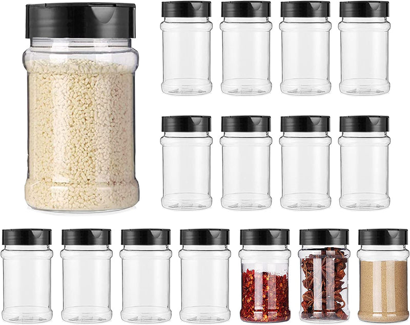 Lawei 16 Pack 10 Oz Plastic Spice Jars with Balck Cap - Clear Spice Bottle Seasoning Jars Salt Pepper Shaker for Storage Spice Herbs Powders