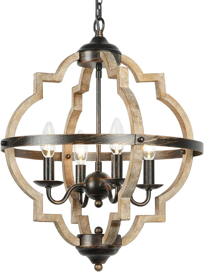 T&A Orb 4-Light Farmhouse Chandelier, Stardust Finish Rustic Brown Chandelier,Wood and Iron Component Vintage Island Light for Kitchen Dining Room Foyer