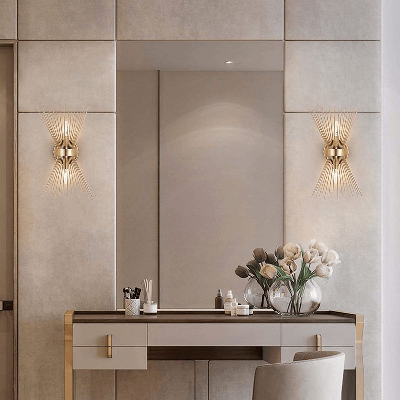 Adcssynd 2-Light Wall Sconce Lamp, Mid-Century Modern Sconce Gold Bathroom Vanity Light, Gold Bathroom Light Fixtures, Hardwired Metal Starburst Wall Light Fixture for Bedroom Living Room, E12 Base