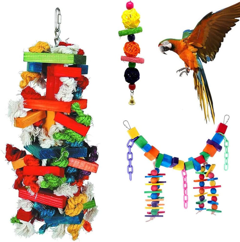 Bird Knots N Blocks Chew Toys for Large Parrot, Macaw Toys,Bird Swing Toys with Bells , Chew Toys with Colorful Loofah Balls, Parrot Cage Toys Set (3 Pack)