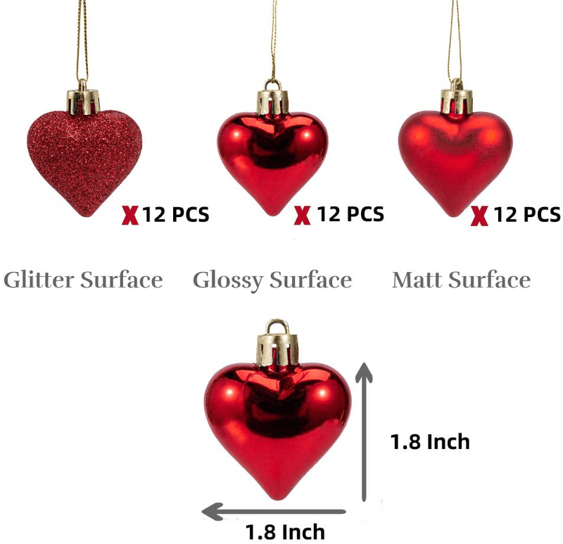 Adeeing 36Pcs Valentine Decorations Heart Shaped Ornaments Hanging Baubles for Valentine Tree Romantic Valentine'S Day Decor for Home Party (Red)