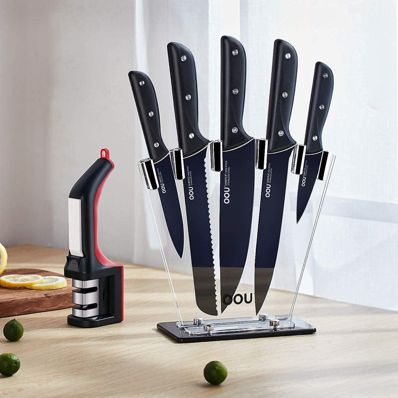 OOU Kitchen Knife Block Set - 7 Pieces Premium Black Knife Set, Dishwasher Safe Knife Set with Sharpener, German Stainless Steel Chef Knives Set, Ultra Sharp Modern Knife Sets