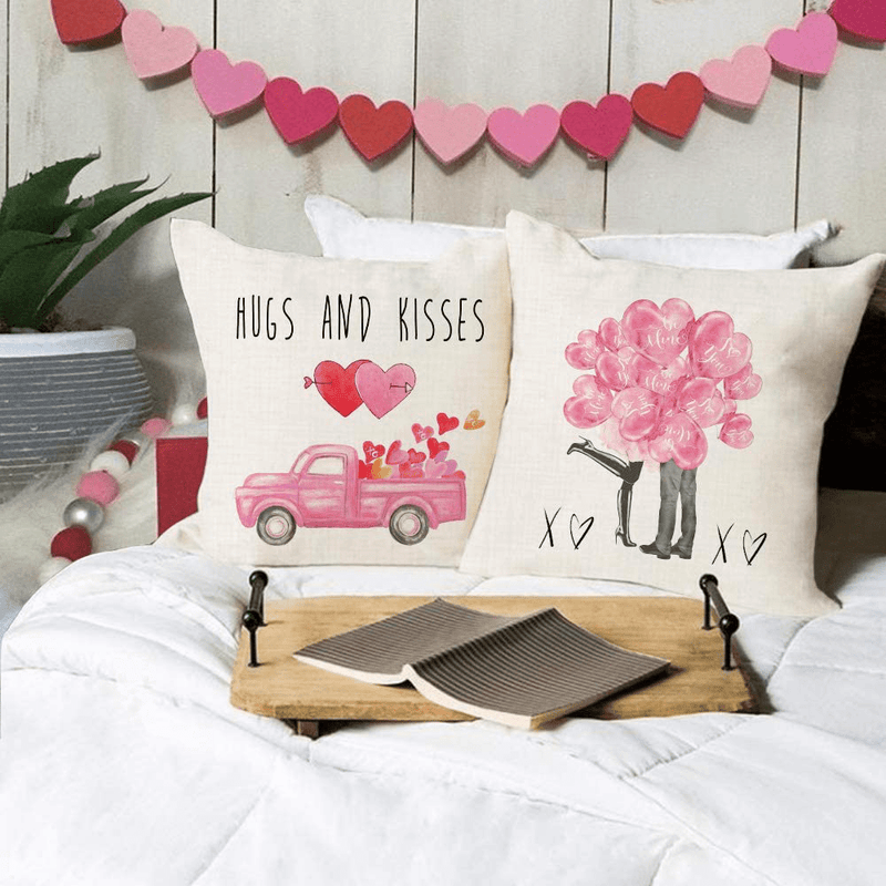 AENEY Valentines Day Pillow Covers 18X18 Set of 4 Valentines Day Decor for Home Buffalo Plaid Love Heart Truck Valentine Pillows Decorative Throw Pillows Farmhouse Valentines Day Decorations A319-18