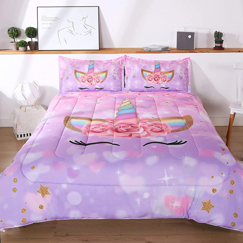 Oecpkd Cute Unicorn Comforter Sets 3Pc Pink Flower Girl Colorful Unicorn Bedding Sets Soft Girls Unicorn Rainbow Comforter Sets