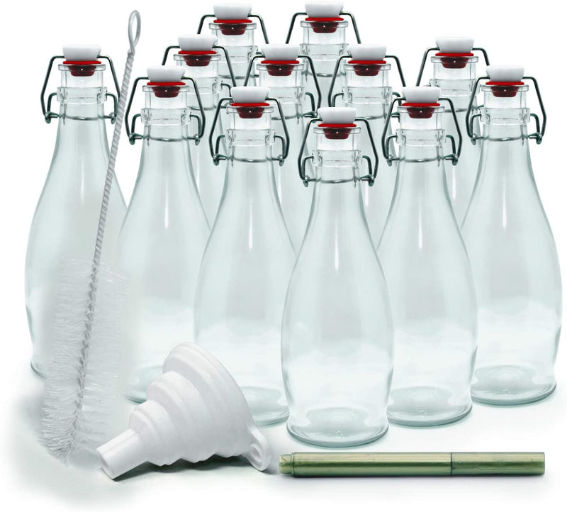 Nevlers Set of 12 | 8.5 Oz. Glass Bottle Set with Swing Top Stoppers and Includes Bottle Brush, Funnel and Gold Glass Marker | Swing Top Glass Bottles | Clear Glass Water Bottle