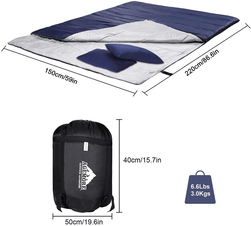 AGEMORE Double Sleeping Bag for Camping, Backpacking or Hiking, Lightweight Waterproof 2 Person Sleeping Bag with 2 Pillow, Queen Size Sleeping Bag for Adults or Teens, Truck, Tent or Sleeping Pad