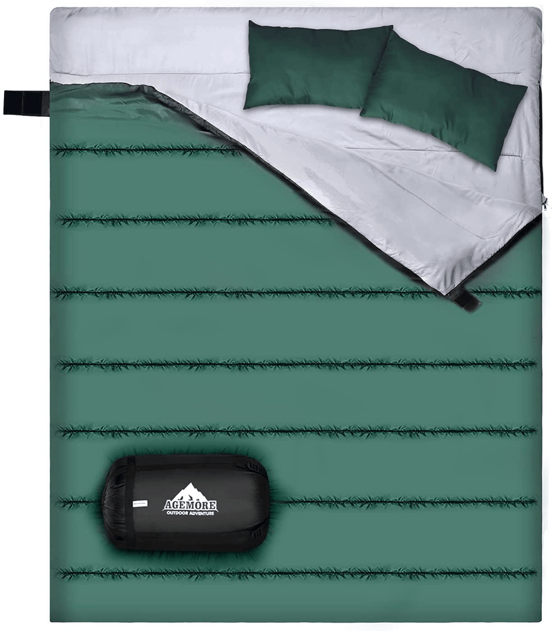AGEMORE Double Sleeping Bag for Camping, Backpacking or Hiking, Lightweight Waterproof 2 Person Sleeping Bag with 2 Pillow, Queen Size Sleeping Bag for Adults or Teens, Truck, Tent or Sleeping Pad