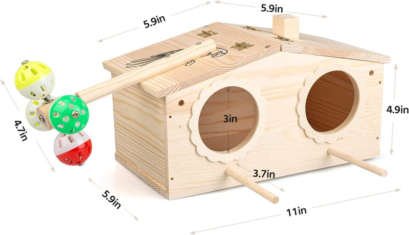 Agokud Hand Crafted Large Parakeet Nesting Box, Wood Budgie Nesting House Bird Parrots Breeding Box Cockatiel Mating Box Cage, Accessories with Coconut Shreds Rotating Bell Toys Finch Lovebirds