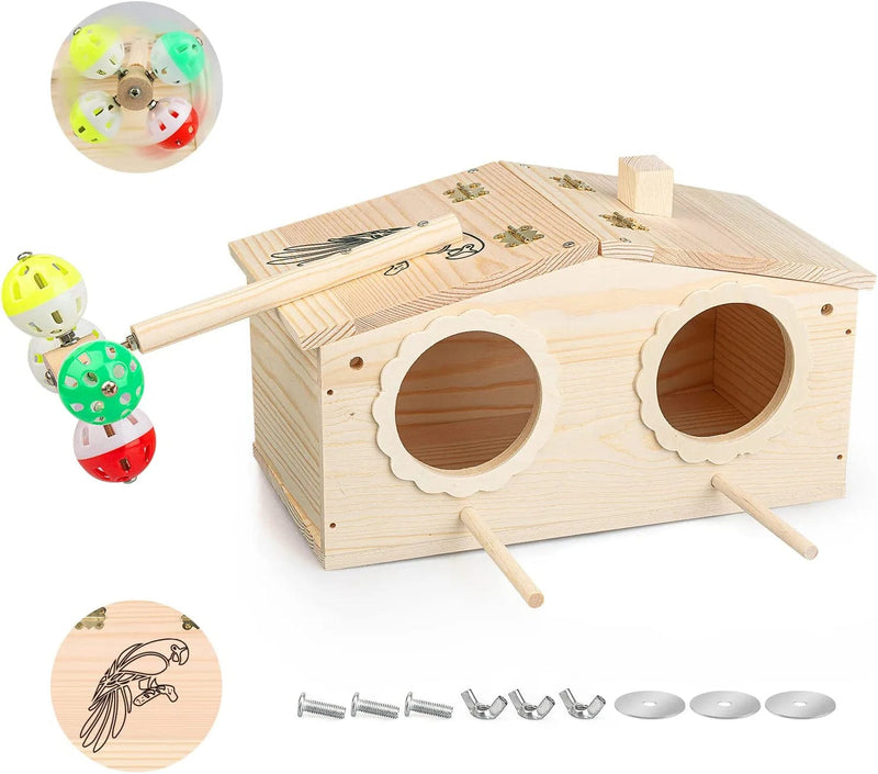 Agokud Hand Crafted Large Parakeet Nesting Box, Wood Budgie Nesting House Bird Parrots Breeding Box Cockatiel Mating Box Cage, Accessories with Coconut Shreds Rotating Bell Toys Finch Lovebirds