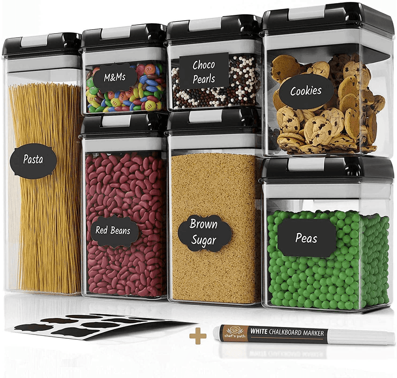 Airtight Food Storage Containers Set - 7 PC - Pantry Organization and Storage 100% Airtight, BPA Free Clear Plastic, Kitchen Canisters for Flour, Sugar and Cereal, Labels & Marker (Black)
