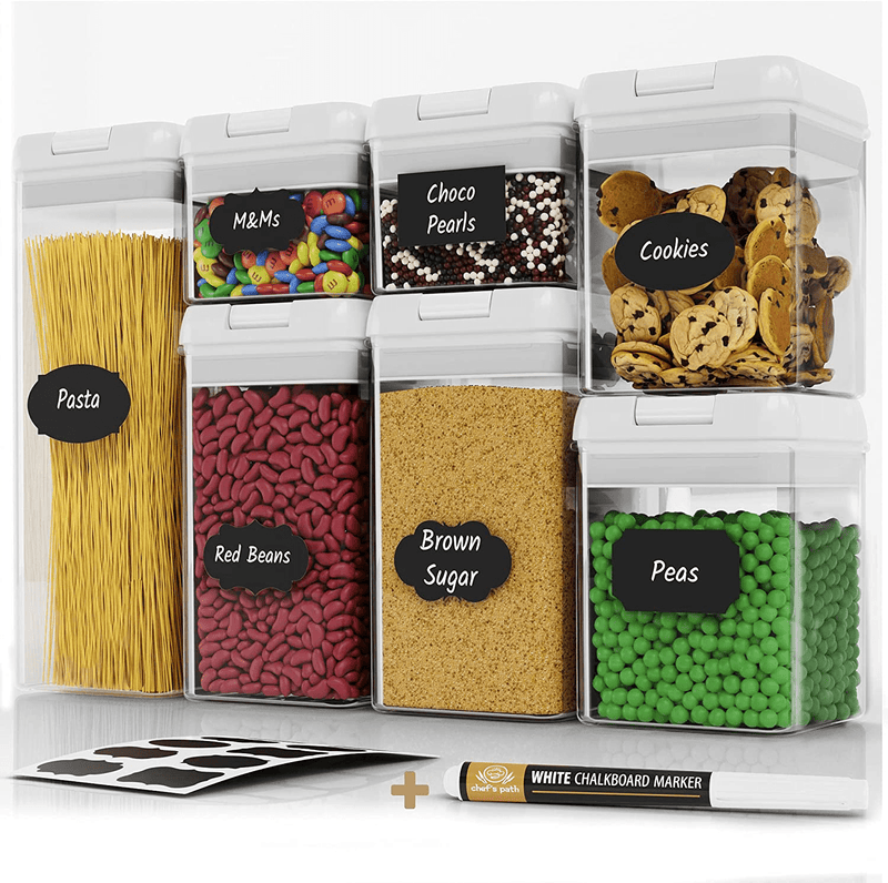 Airtight Food Storage Containers Set - 7 PC - Pantry Organization and Storage 100% Airtight, BPA Free Clear Plastic, Kitchen Canisters for Flour, Sugar and Cereal, Labels & Marker (Black)