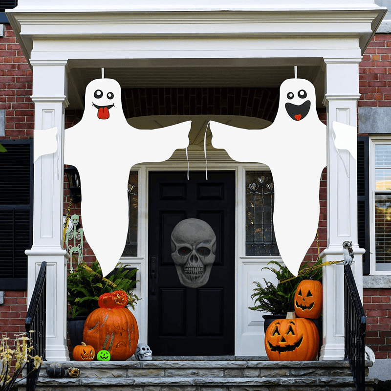 Aitok Halloween Ghost Hanging Decoration, 2 Pieces 47 Inch Ghost Windsock, White Smiling Friendly Ghost for Outdoor Yard Decoration