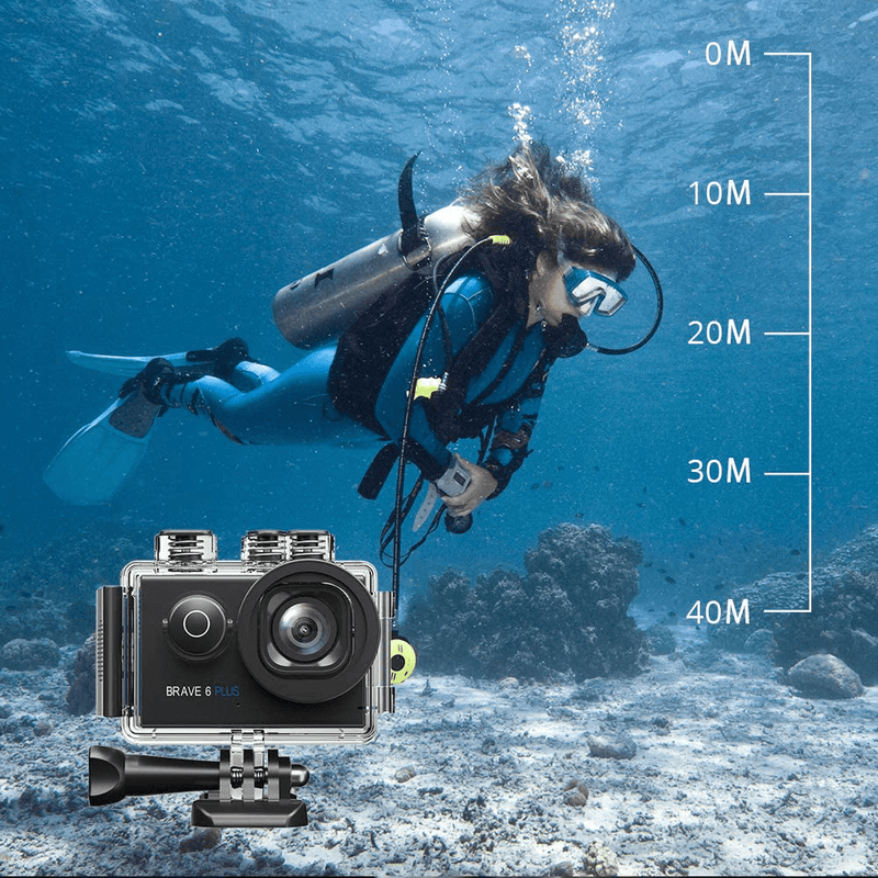 AKASO Brave 6 Plus Native 4K30FPS 20MP WiFi Action Camera with Touch Screen EIS 8X Zoom Voice Control Remote Control 131 Feet Underwater Camera with 2X 1350mAh Batteries and Helmet Accessories Kit
