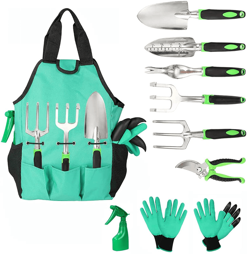 Aladom Garden Tools Set 10 Pieces, Gardening Kit with Heavy Duty Aluminum Hand Tool and Digging Claw Gardening Gloves for Men Women,Green
