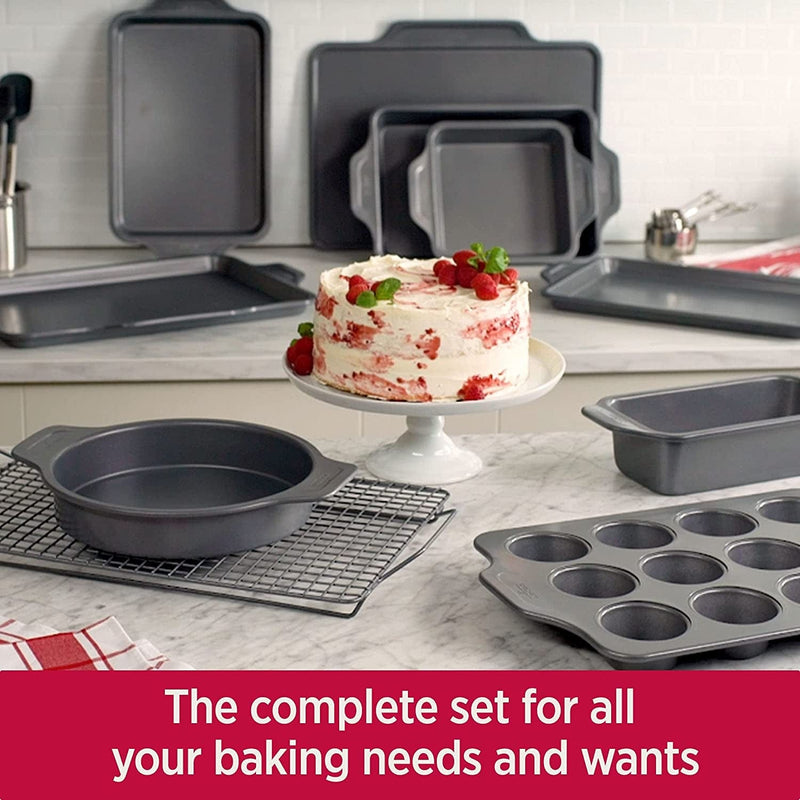 All-Clad Pro-Release Nonstick Bakeware Set Including Half Sheet, Cookie Sheet, Muffin Pan, Cooling & Baking Rack, round Cake Pan, Loaf Pan, 10 Piece, Gray