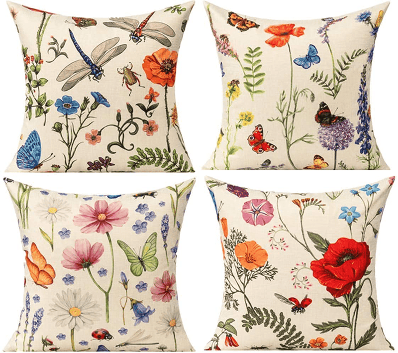 All Smiles Outdoor Patio Throw Pillow Covers 22x22 Set of 4 Summer Spring Garden Flowers Farmhouse Décor Outside Furniture Bench Chair Decorative Cushion Cases for Bed Couch Sofa