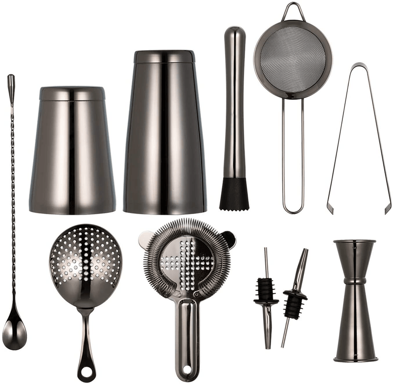 Aloono 11-piece Cocktail Shaker Bar Set: 2 Weighted Boston Shakers, Cocktail Strainer Set, Double Jigger, Cocktail Muddler and Spoon, Ice Tong and 2 Liquor Pourers - Essential Mixology Bartender Kit