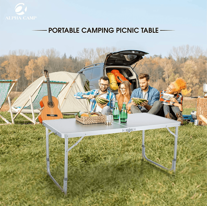 ALPHA CAMP 4Ft Folding Camping Table Aluminum Adjustable Height Picnic Table Waterproof and Rust Resistant Portable Desk with Handle Stable Durable Table for Outdoor Camp Traveling Beach,10.1Lbs