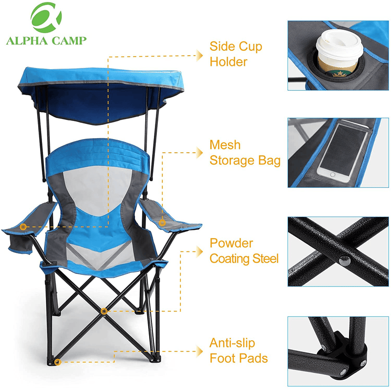 ALPHA CAMP Camp Chair with Shade Canopy Folding Camping Chair with Cup Holder and Carry Bag for Outdoor Camping Hiking Beach, Heavy Duty 300 LBS