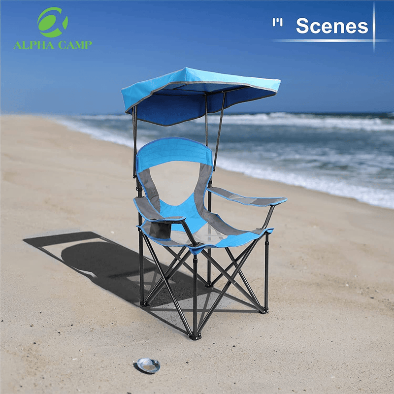 ALPHA CAMP Camp Chair with Shade Canopy Folding Camping Chair with Cup Holder and Carry Bag for Outdoor Camping Hiking Beach, Heavy Duty 300 LBS