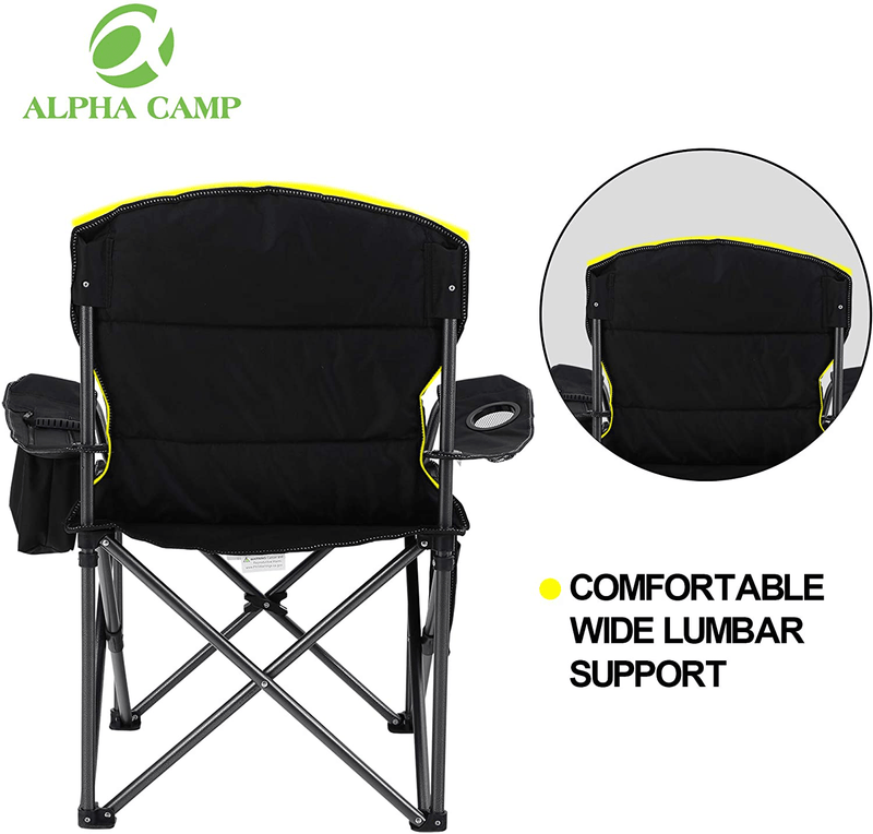 ALPHA CAMP Oversized Heavy Duty Padded Outdoor Folding Camping Chair with Cup Holder Storage and Cooler Bag, 450 LBS Weight Capacity, Thicken 600D Oxford, Black