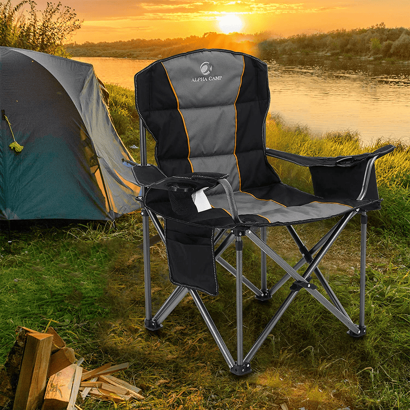 ALPHA CAMP Oversized Heavy Duty Padded Outdoor Folding Camping Chair with Cup Holder Storage and Cooler Bag, 450 LBS Weight Capacity, Thicken 600D Oxford, Black