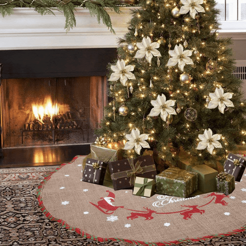 Amajoy Merry Christmas Tree Skirt White Snowflake Burlap Tree Skirt for Xmas Decor Festive Holiday Decoration, 30 Inch in Diameter