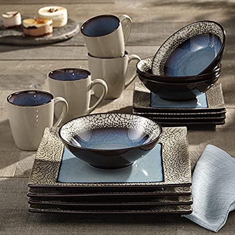 American Atelier Square Dinnerware Sets | Blue Kitchen Plates, Bowls, and Mugs | 16 Piece Stoneware via Roma Collection | Dishwasher and Microwave Safe | Service for 4