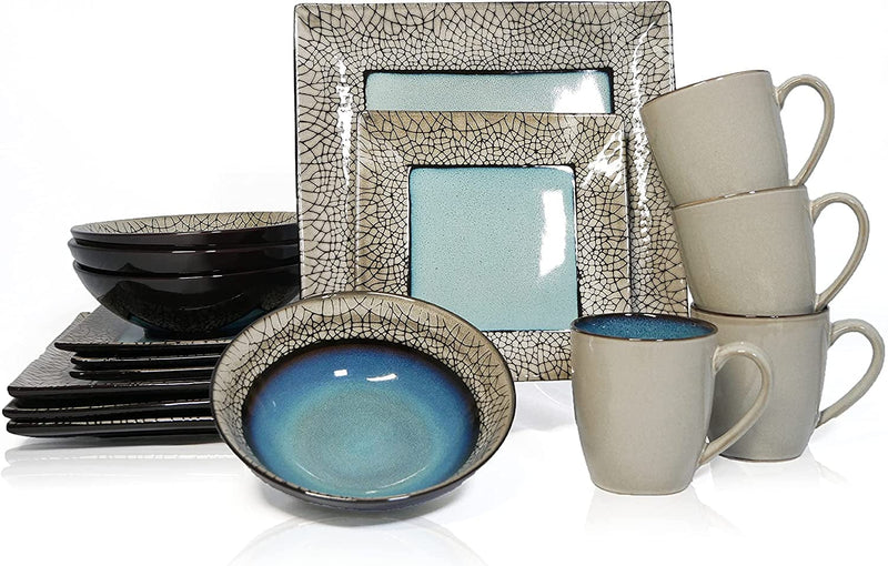 American Atelier Square Dinnerware Sets | Blue Kitchen Plates, Bowls, and Mugs | 16 Piece Stoneware via Roma Collection | Dishwasher and Microwave Safe | Service for 4