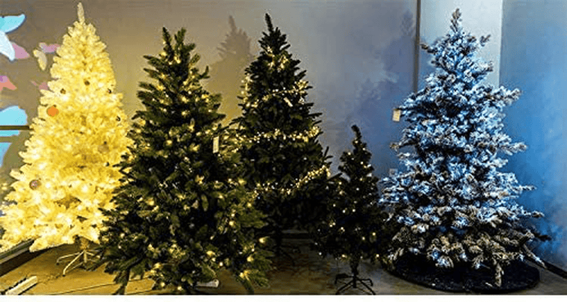 AMERIQUE 8' Eight-Function Multicolored and Warm White Pre-Lit Premium Artificial Green Christmas Tree with Metal Stand, Hinged Construction