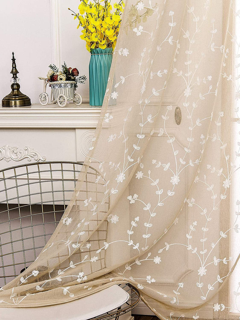 Amhoo 2 Panels Leaf Flora Embroidered Farmhouse Semi Sheer Curtain Voile Curtains for Living Room Bedroom Window Treatment Taupe 53 X 84 Inch