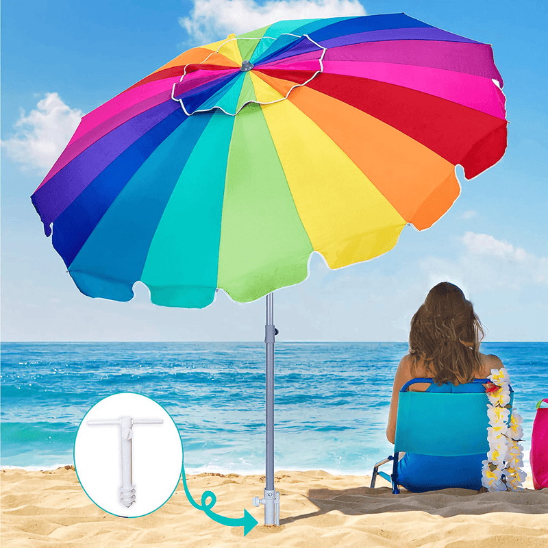 AMMSUN 7.5 Foot Heavy Duty HIGH Wind Beach Umbrella with sand anchor & Tilt Sun Shelter, UV 50+ Protection Outdoor Sunshade Umbrella with Carry Bag for Patio Garden Beach Pool Backyard (Rainbow)