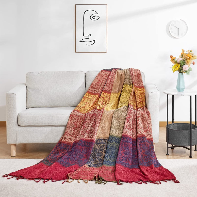 Amorus Bohemian Throw Blankets Chenille Jacquard Tassels Soft Chair Cover for Bed Couch Decorative Sofa Throw Blankets - Colorful Tribal Pattern (M)