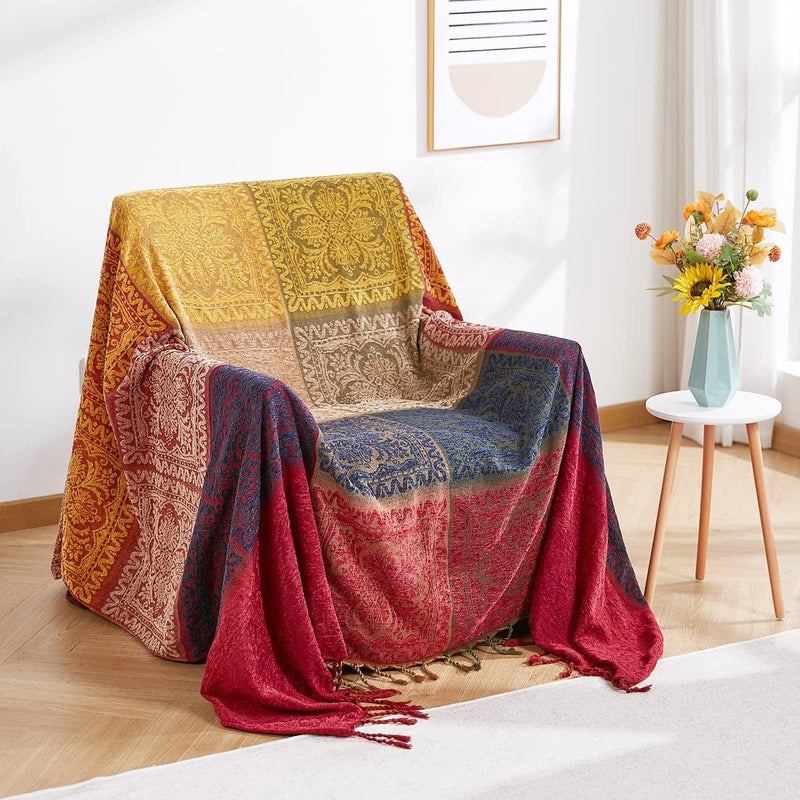 Amorus Bohemian Throw Blankets Chenille Jacquard Tassels Soft Chair Cover for Bed Couch Decorative Sofa Throw Blankets - Colorful Tribal Pattern (M)