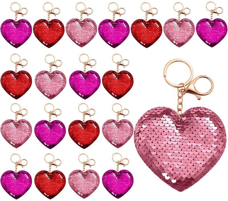 Aneco 24 Pieces Heart Sequin Keychain Glitter Sequin Heart Key Rings Flip Sequin Key Chains Accessories Valentine'S Day Gifts Party Favors for Girls, 3 Colors