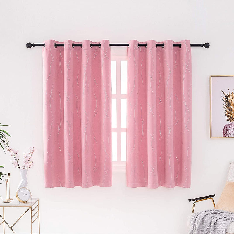 Anjee Blackout Curtains with Silver Wave Line Printed Grommet Top Light Darkening Thermal Insulated Window Curtains Drapes for Kids Boys Bedroom Living Room 52X63 Inch Pink 2 Panels