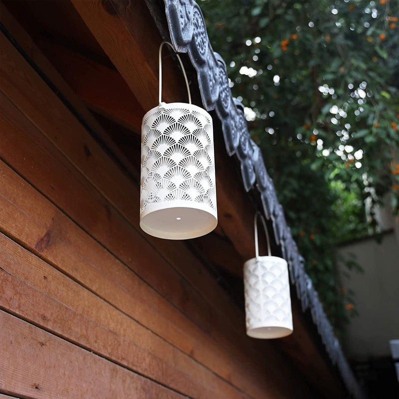Annastore Solar Lanterns Outdoor Waterproof Hanging Solar Lights Garden Decorative Metal LED Lamps Decorative Lighting for Patio Porch Lawn Decor 2 Pack - White