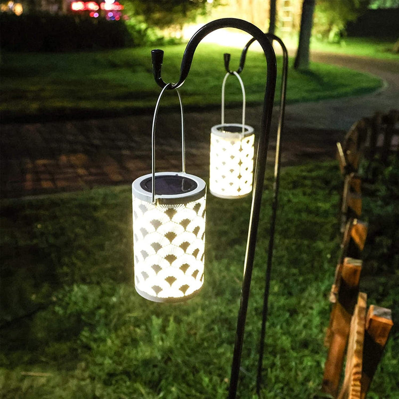 Annastore Solar Lanterns Outdoor Waterproof Hanging Solar Lights Garden Decorative Metal LED Lamps Decorative Lighting for Patio Porch Lawn Decor 2 Pack - White