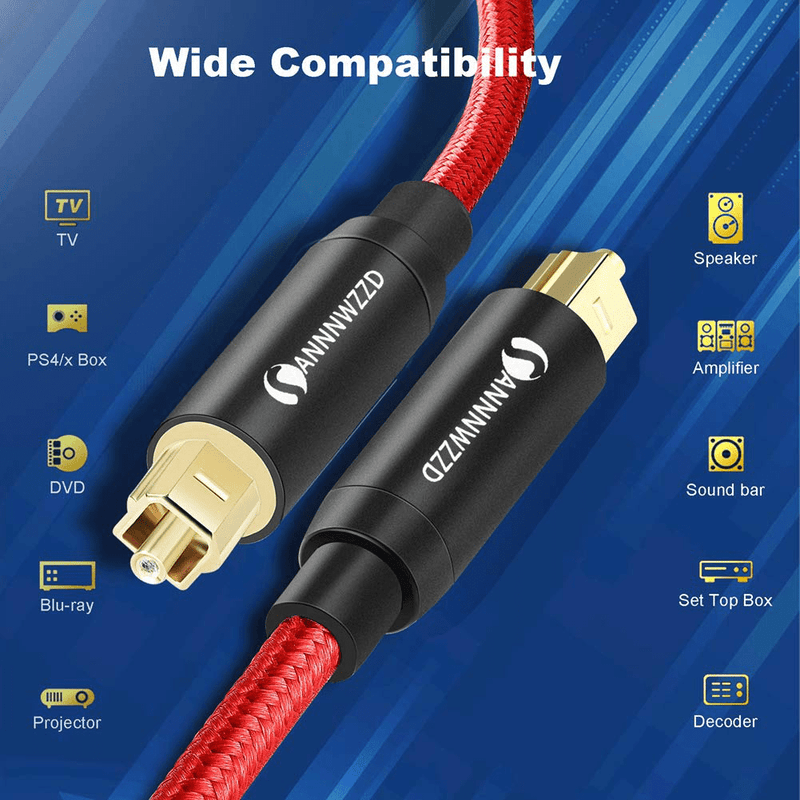 ANNNWZZD Optical Digital Audio Cable,Toslink Male to Male Cable for Connecting soundbar, Stereo System, Home Theater, Xbox & PS4 (6FT/2M)