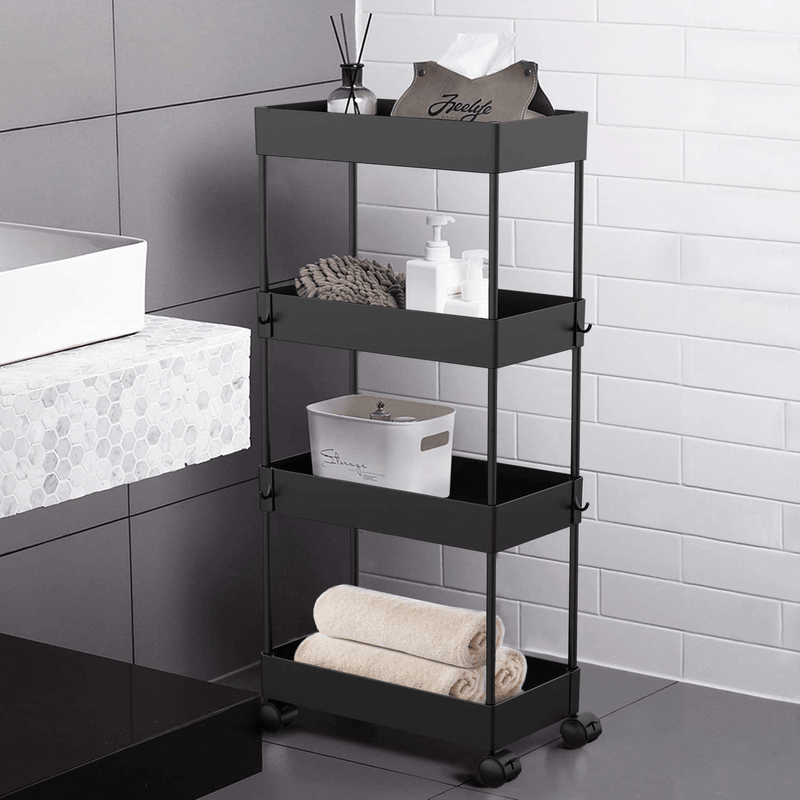 AOJIA 4 Tier Slide Out Storage Cart, Bathroom Storage Organizer Rolling Utility Cart, Bathroom Storage Cart with Wheels (Black)
