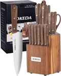 AOKEDA 15-Piece Kitchen Knife Set with Block, Upright Wood Base, Include Sharpener, Kitchen Shears (Ultra-Light Set)