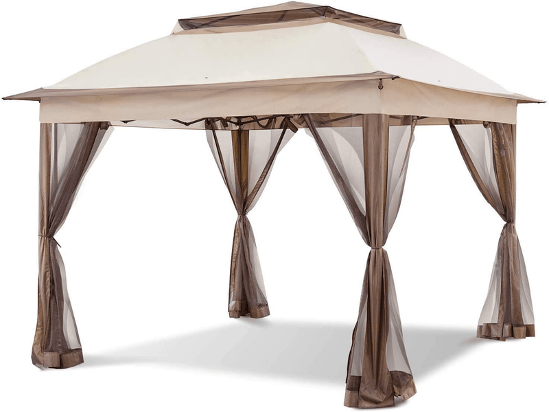 Aoxun 11’ X 11’ Pop Up Canopy Tent , Straight Leg Outdoor Gazebo with Mosquito Netting , Patio Gazebo Shelter with 121 Square Feet of Shade , Beige