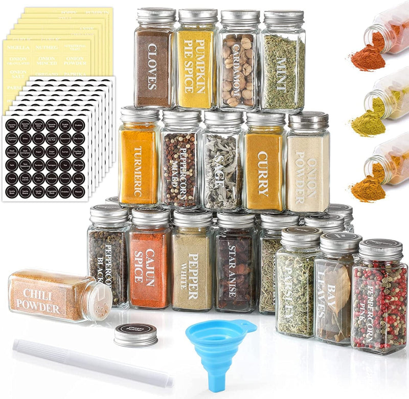 AOZITA 24 Pcs Glass Spice Jars / Bottles with Spice Labels - 4Oz Empty Square Spice Containers, Condiment Pot - Shaker Lids and Airtight Metal Caps - Silicone Collapsible Funnel Included
