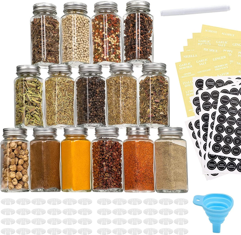 Aozita 48 Pcs Glass Spice Jars/Bottles - 4Oz Empty Square Spice Containers with Spice Labels - Shaker Lids and Airtight Metal Caps - Silicone Collapsible Funnel Included