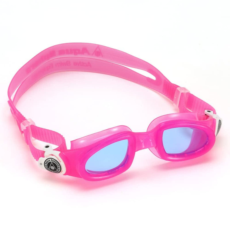 Aqua Sphere Moby Kids Swim Goggles - Comfort & Quality for the Beginning Swimmer, Easy Adjust Buckles | Unisex Children, Ages 3+, Blue Lens, Pink/White Frame,One Size,Ep3090209Lb