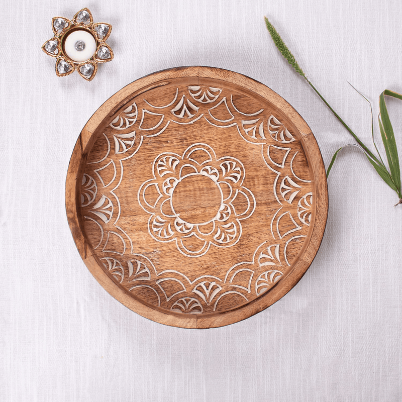 ARIJA Rustic Wooden Serving Tray with Handle - Designer, Decorative Wooden Carved Ottoman Tray for Coffee, Tea, Drinks Serving with Handles - Rustic Home décor, Boho Décor Serving Tray