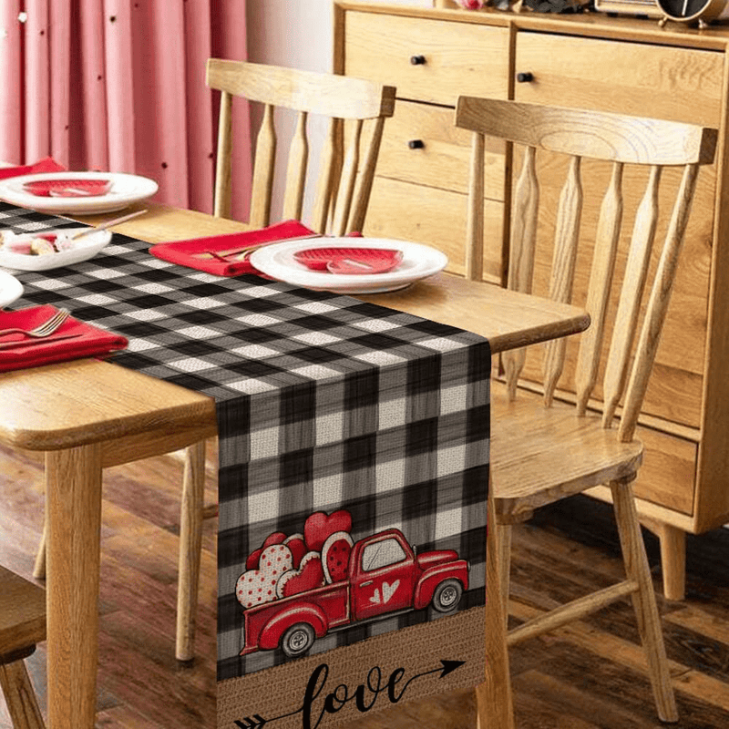 ARKENY Valentines Day Table Runner 13X72 Inches Watercolor Buffalo Plaid Hearts Truck Love Theme Farmhouse Indoor Vintage Holiday Gathering Dinner Party Decor