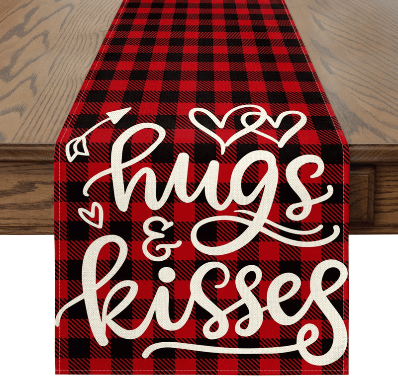 Artoid Mode Buffalo Plaid Hugs Kisses Valentine'S Day Table Runner, Seasonal Anniversary Wedding Holiday Kitchen Dining Table Decoration for Indoor Outdoor Home Party Decor 13 X 72 Inch