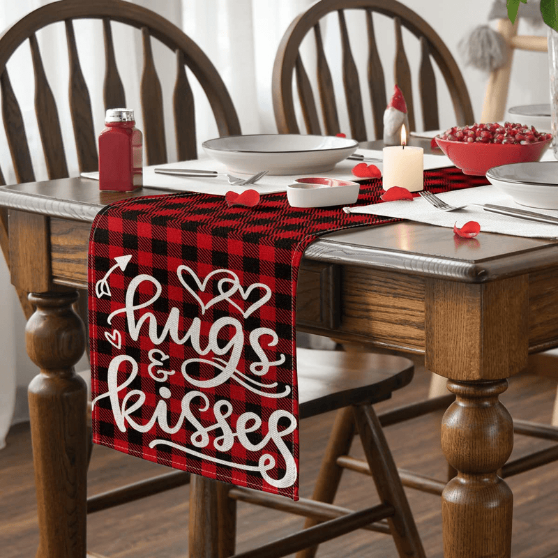 Artoid Mode Buffalo Plaid Hugs Kisses Valentine'S Day Table Runner, Seasonal Anniversary Wedding Holiday Kitchen Dining Table Decoration for Indoor Outdoor Home Party Decor 13 X 72 Inch